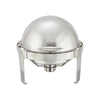 A 6 quart round Madison heavyweight chafer consisting of a round polished stainless steel chafer with roll top lid and a sturdy frame. The chafer is set up with a water pan, food pan, and fuel holder for maintaining consistent temperature and keeping food warm. The chafer is ideal for catering or large scale buffet events