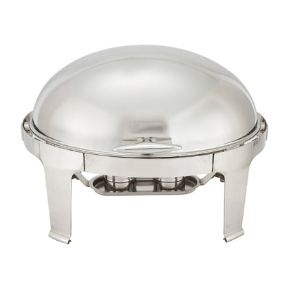 An 8 quart oval Madison heavyweight chafer consisting of an oval polished stainless steel chafer with roll top lid and a sturdy frame. The chafer is set up with a water pan, food pan, and fuel holders for maintaining consistent temperature and keeping food warm. The chafer is ideal for catering or large scale buffet events