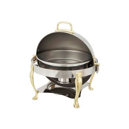 A 6 quart round Vintage extra heavyweight chafer consisting of a round polished stainless steel chafer with roll top lid and a sturdy frame. The chafer is set up with a water pan, food pan, and fuel holder for maintaining consistent temperature and keeping food warm. The chafer is ideal for catering or large scale buffet events