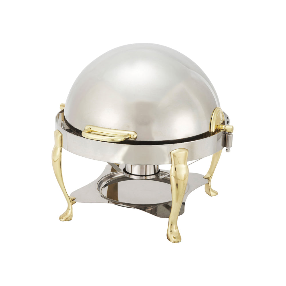 A 6 quart round Vintage extra heavyweight chafer consisting of a round polished stainless steel chafer with roll top lid and a sturdy frame. The chafer is set up with a water pan, food pan, and fuel holder for maintaining consistent temperature and keeping food warm. The chafer is ideal for catering or large scale buffet events