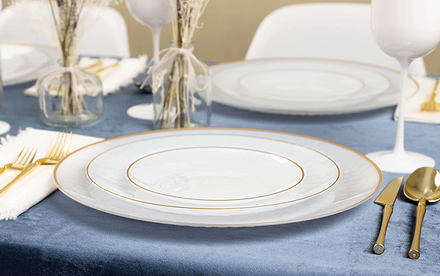 Plastic Tableware White Plates Gold Rim Hammered Transparent Organic Collection Dinner Party Set
