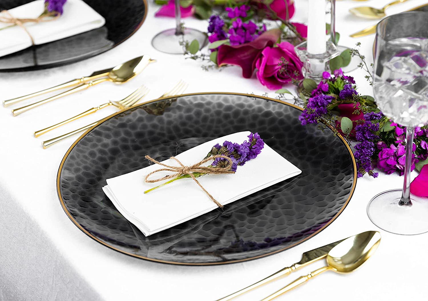 Plastic Tableware Black Plates Gold Rim Hammered Transparent Organic Collection Dinner Party Set
