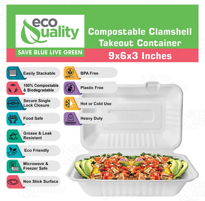 1 Compartment 9x6x3 Take Out To Go Box wax tree free Tree Free Stackable Square Hinged Clamshell Restaurants Parties Microwaveable Freezer Safe Heavy Duty Grease and Leak Resistant Proof Food Trucks Food Containers foam plastic alternative Ecofriendly Product Compostable Biodegradable Sugarcane Bagasse Clam Shell Take Out Containers carryout leftover mealprep burger box BPA Free economical