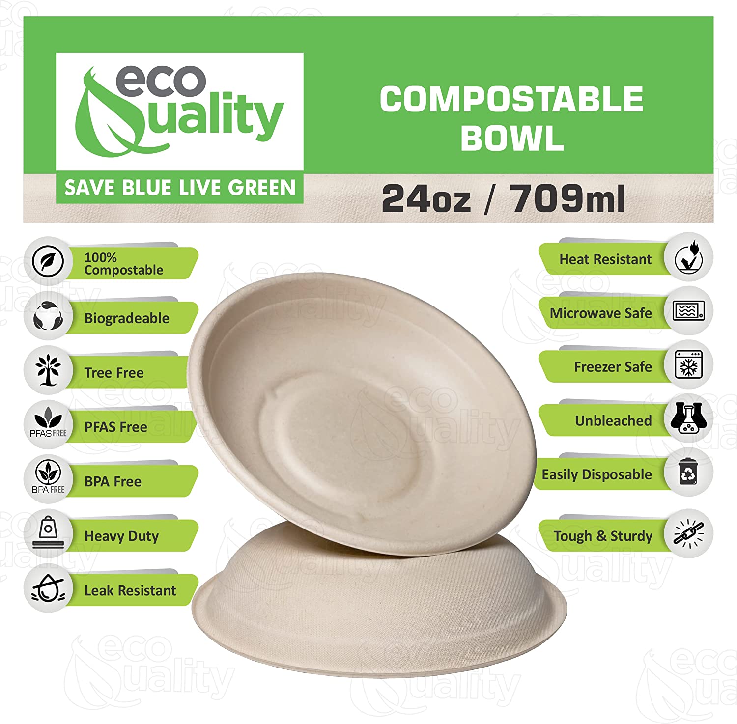 Compostable Heavy Duty Disposable Bowls, Eco Friendly, Natural Bagasse Unbleached Bamboo, Biodegradable, Tree Free, Heat & Liquid Resistant Bowl