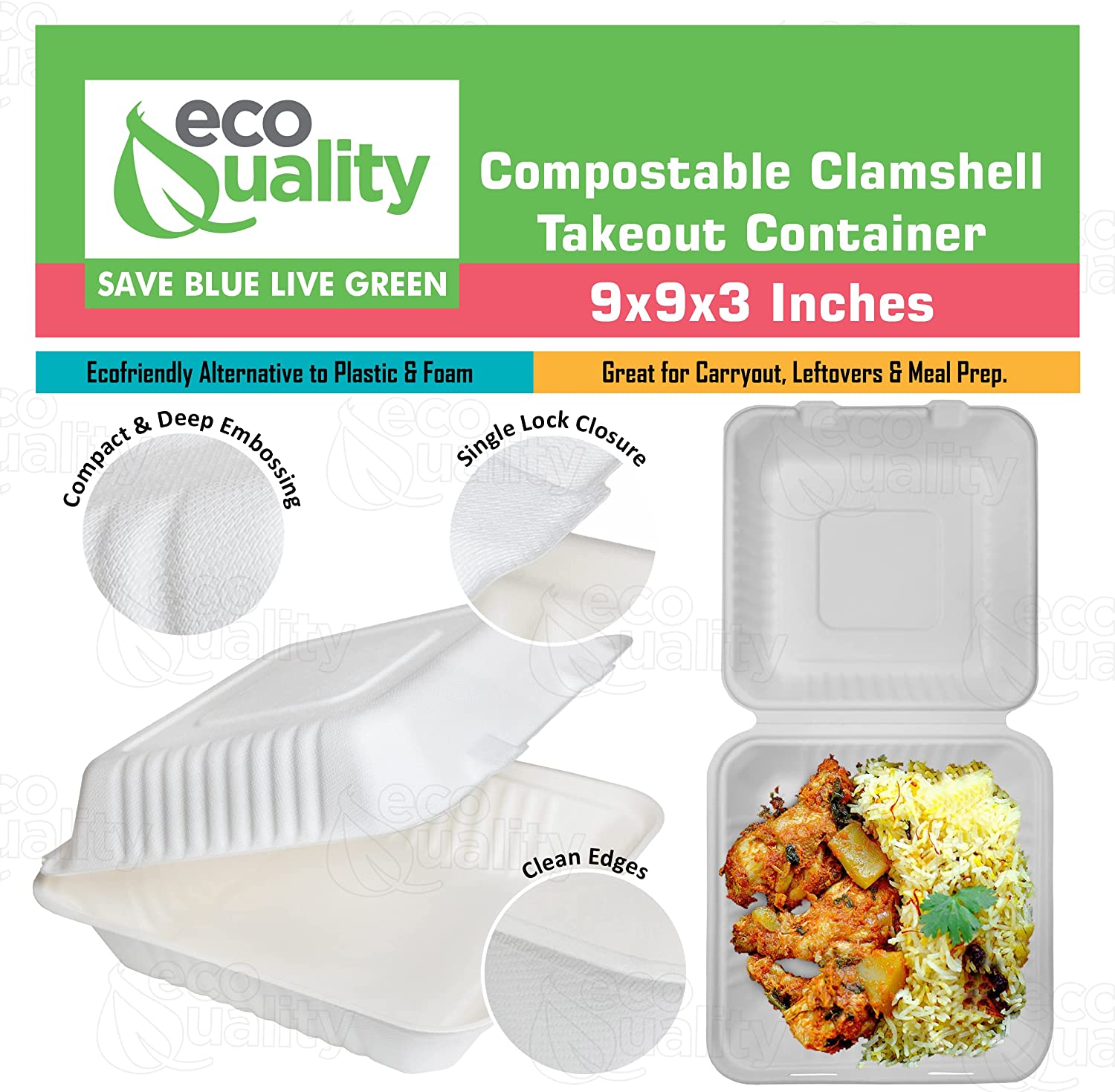economical wax tree free Tree Free Stackable Square Hinged Clamshell Rice Plates Restaurants Parties Microwaveable Freezer Safe Heavy Duty Grease and Leak Resistant Proof Food Trucks Food Containers foam plastic alternative Ecofriendly Product Compostable Biodegradable Sugarcane Bagasse Clam Shell Take Out Containers carryout leftover mealprep burger box BPA Free 9x9x3 Take Out To Go Box