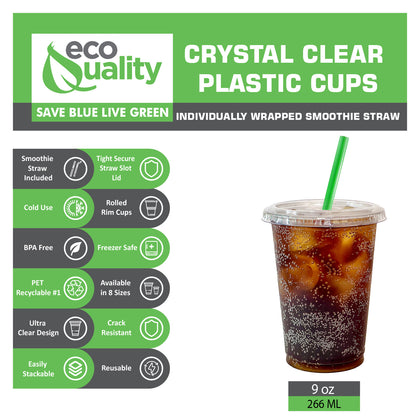 9oz Disposable Pet Clear Plastic Smoothie Cups with Clear Flat Lids and Color Straws