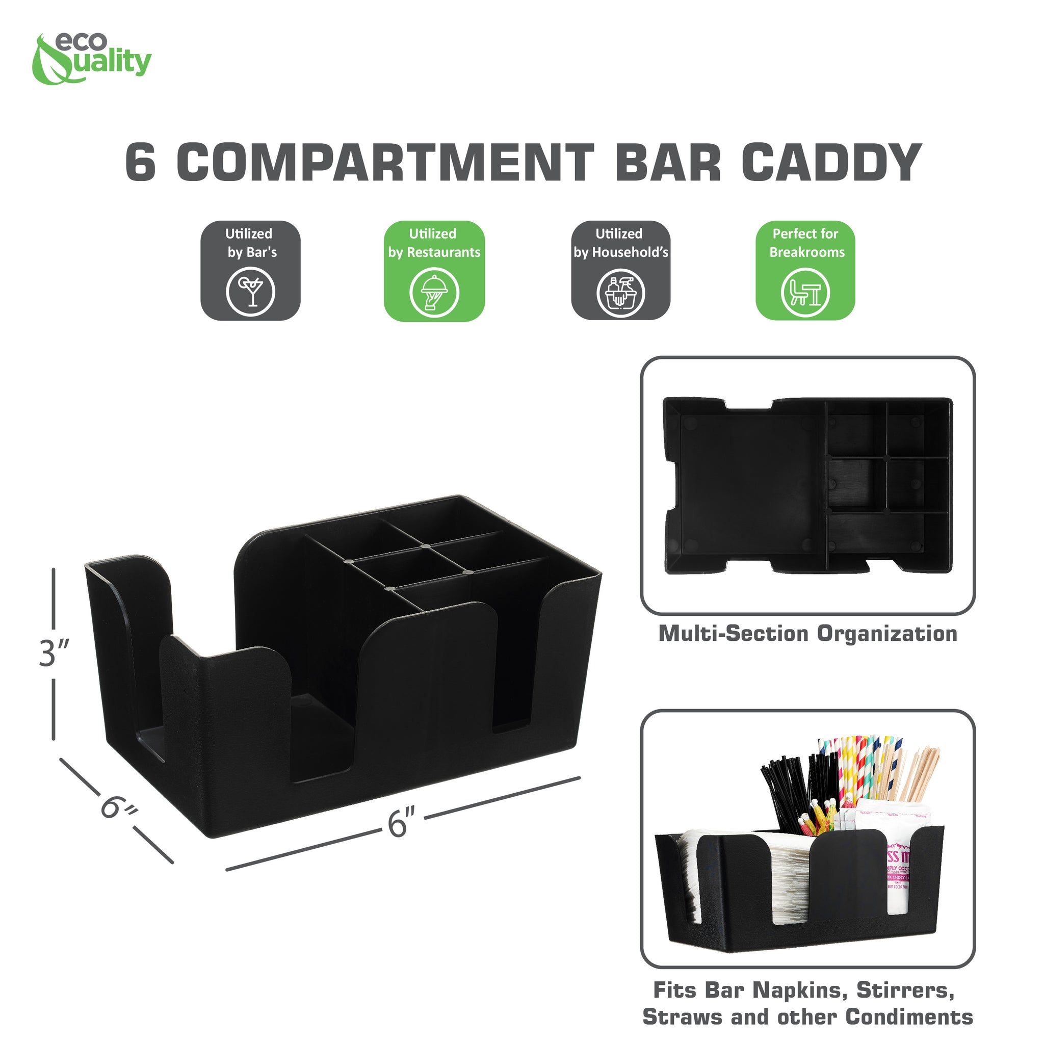 Bar Caddy with 6 Compartments, Plastic Bar Organizer, Heavy Duty Refillable Bar Organizer, Barware Caddy, Napkin Dispenser, Straw Organizer