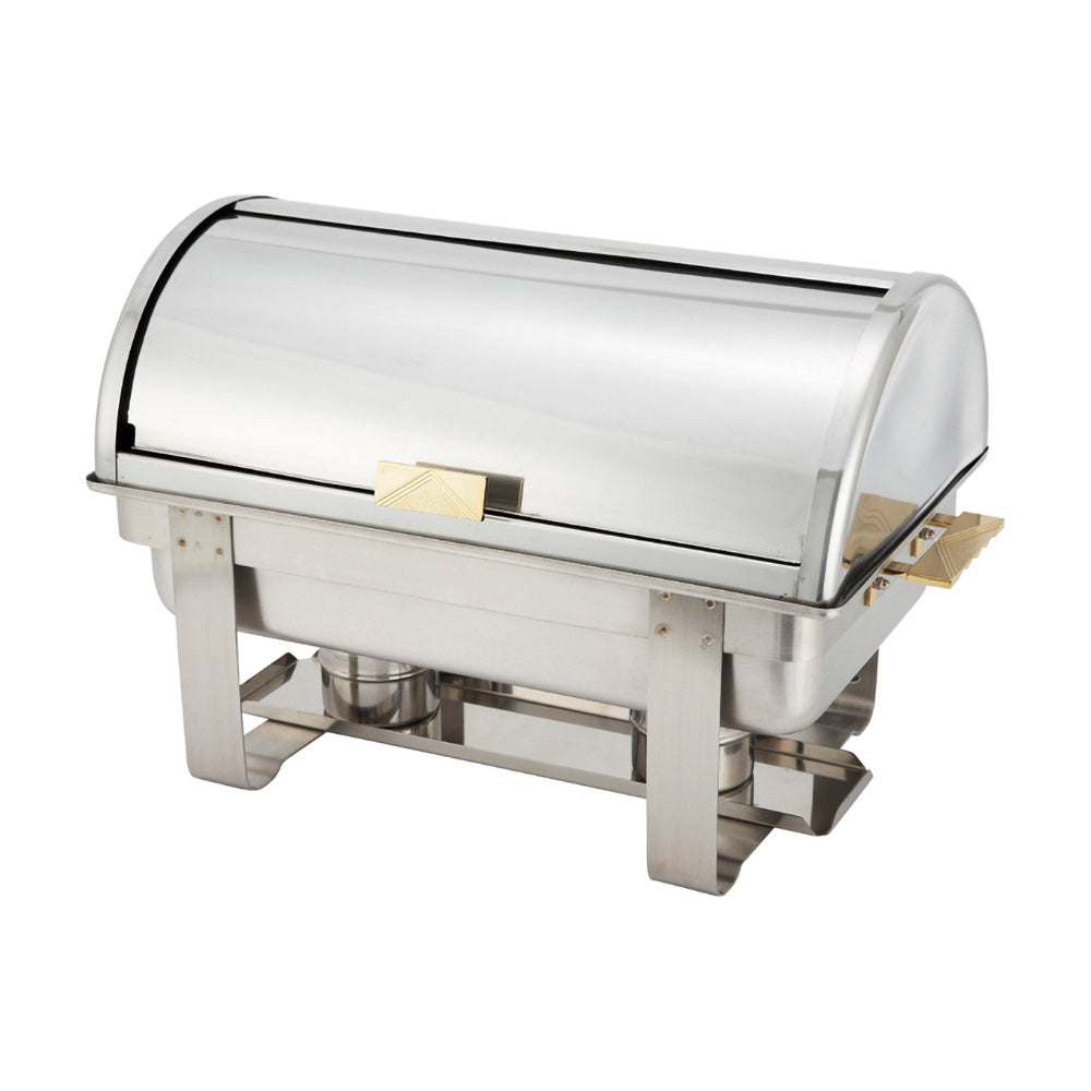 An 8 quart full size Dallas heavyweight chafer with gold accents consisting of a rectangular polished stainless steel chafer with roll top lid and a sturdy frame. The chafer is set up with a water pan, food pan, and fuel holders for maintaining consistent temperature and keeping food warm. The chafer is ideal for catering or large scale buffet events