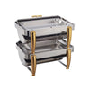 An 8 quart full size Virtuoso extra heavyweight chafer consisting of a rectangular polished stainless steel chafer with roll top lid and a sturdy frame. The chafer is set up with a water pan, food pan, and fuel holders for maintaining consistent temperature and keeping food warm. The chafer is ideal for catering or large scale buffet events