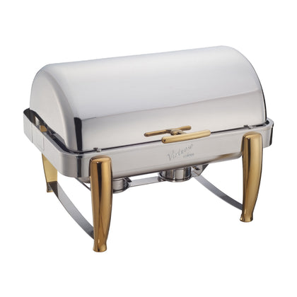 An 8 quart full size Virtuoso extra heavyweight chafer consisting of a rectangular polished stainless steel chafer with roll top lid and a sturdy frame. The chafer is set up with a water pan, food pan, and fuel holders for maintaining consistent temperature and keeping food warm. The chafer is ideal for catering or large scale buffet events