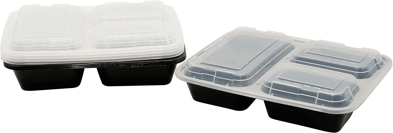 33oz 3 Compartment Rectangular Meal Prep Containers with Lids Black, Food Storage Containers | BPA Free Lunch Boxes Microwave/Dishwasher/Freezer Safe