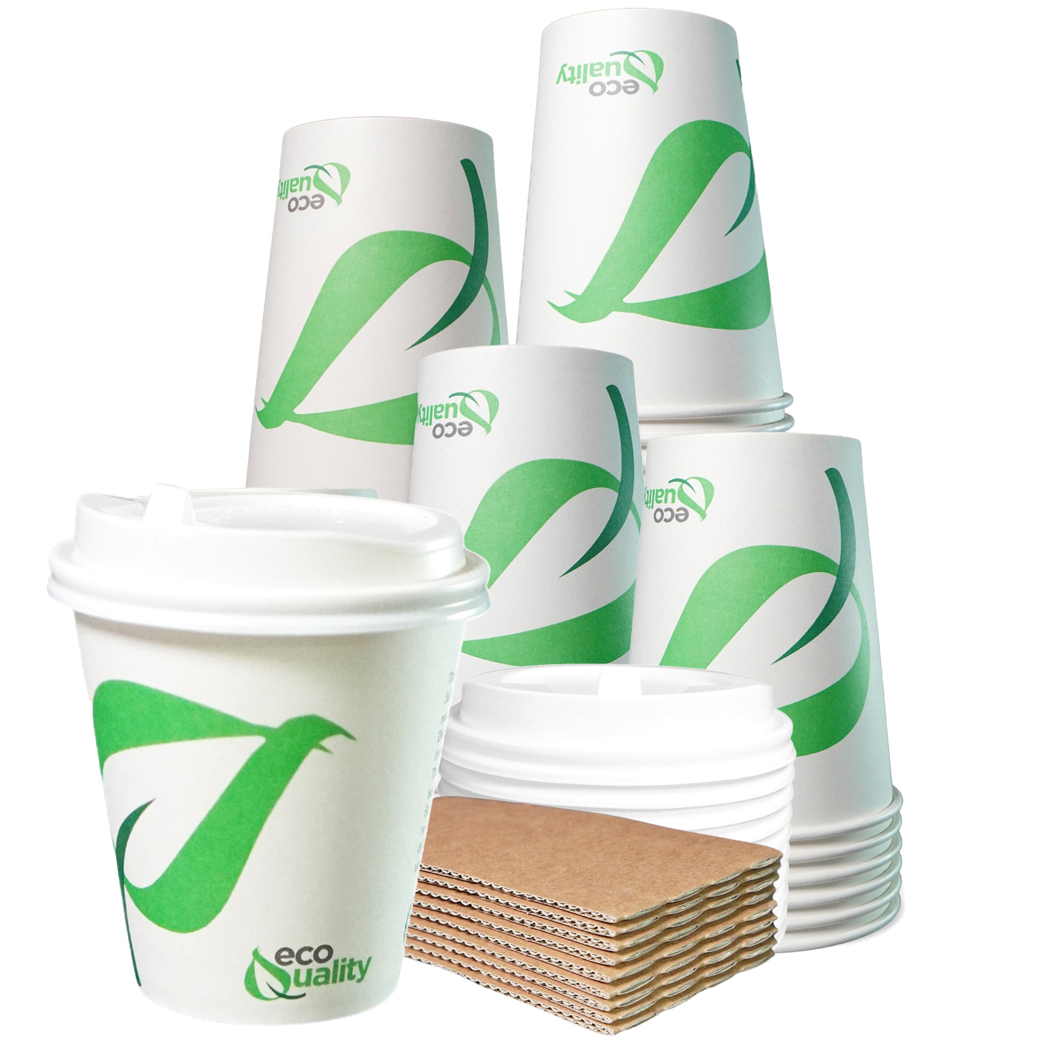 10oz Disposable Compostable Biodegradable White Paper Coffee Cups with White Dome Lids and Sleeves