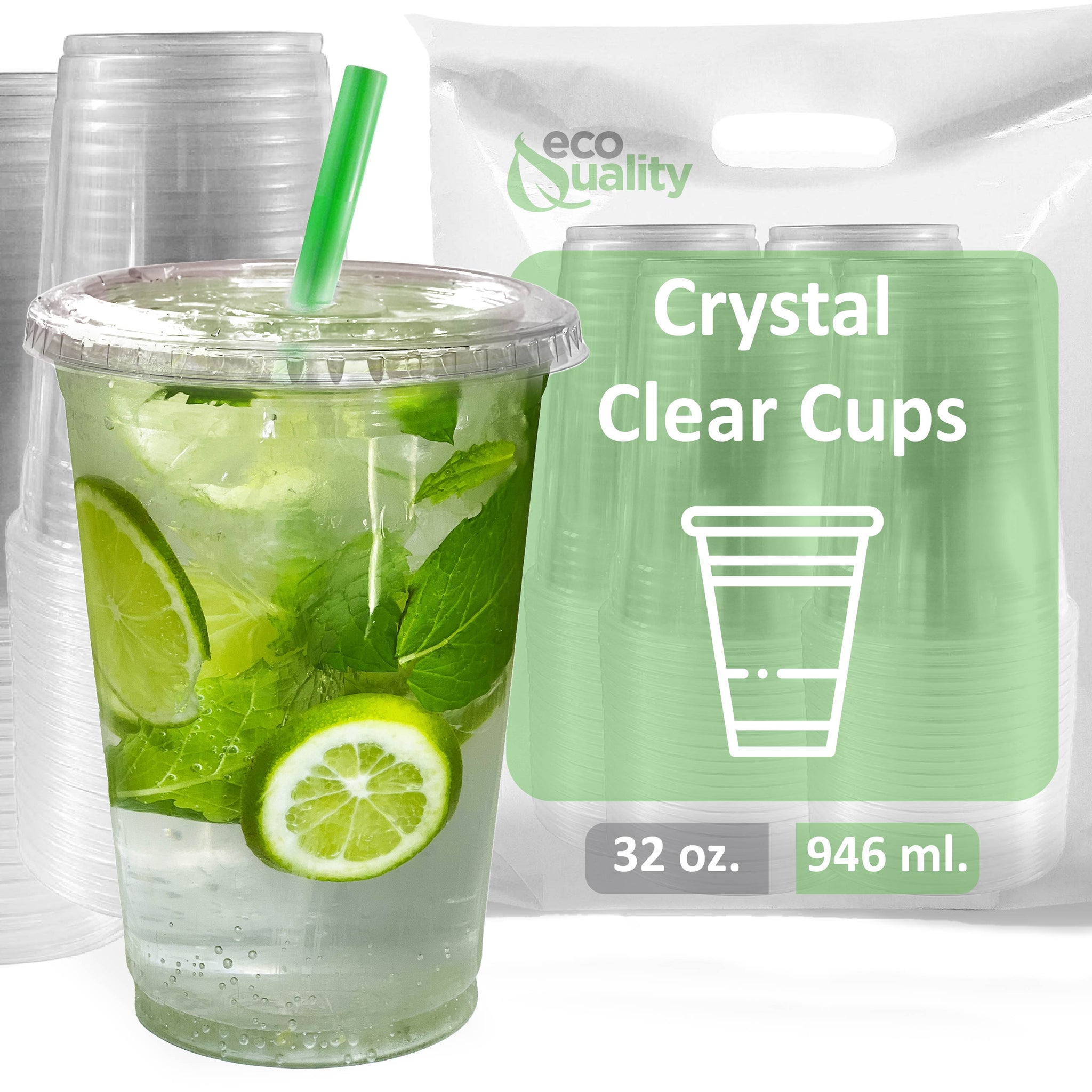 32oz Disposable Pet Clear Plastic Smoothie Cups with Clear Flat Lids with Color Straws