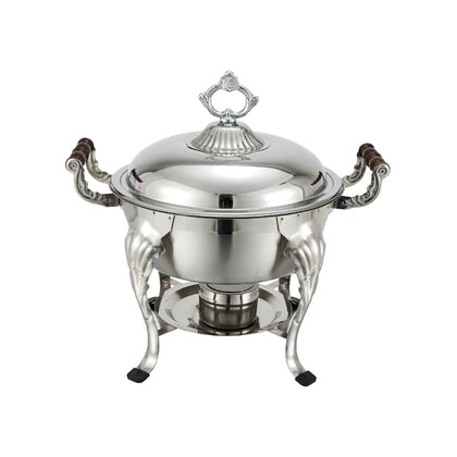 the round crown chafing dish is the perfect addition to any get together It can hold up to six quarts of food and is made of stainless steel durable and easy to clean chafing dish deluxe set for catering large gatherings dining easy refills transportation dent rust resistant safe for food keeps food warm for longer