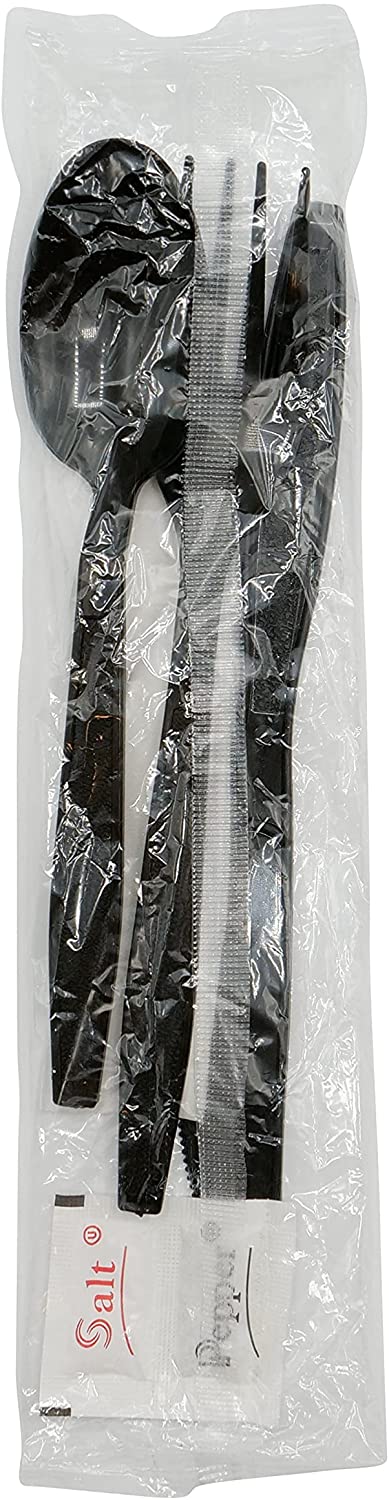 Disposable Wrapped Black Heavy Duty Cutlery Kit 5 in 1 - Fork/Spoon/Knife/Napkin/Salt & Pepper - Disposable Cutlery Kit, Perfect for Lunch, Meal Prep, On the Go, To go, Catering and Restaurants