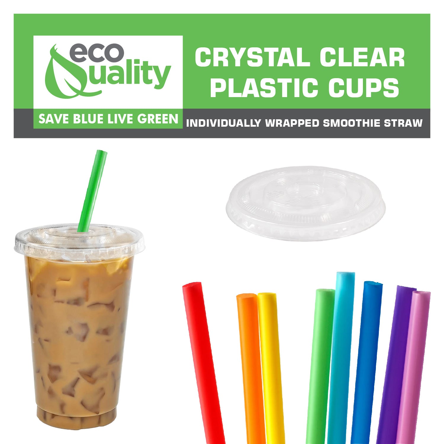 10oz Disposable Pet Clear Plastic Smoothie Cups with Clear Flat Lids and Color Straws