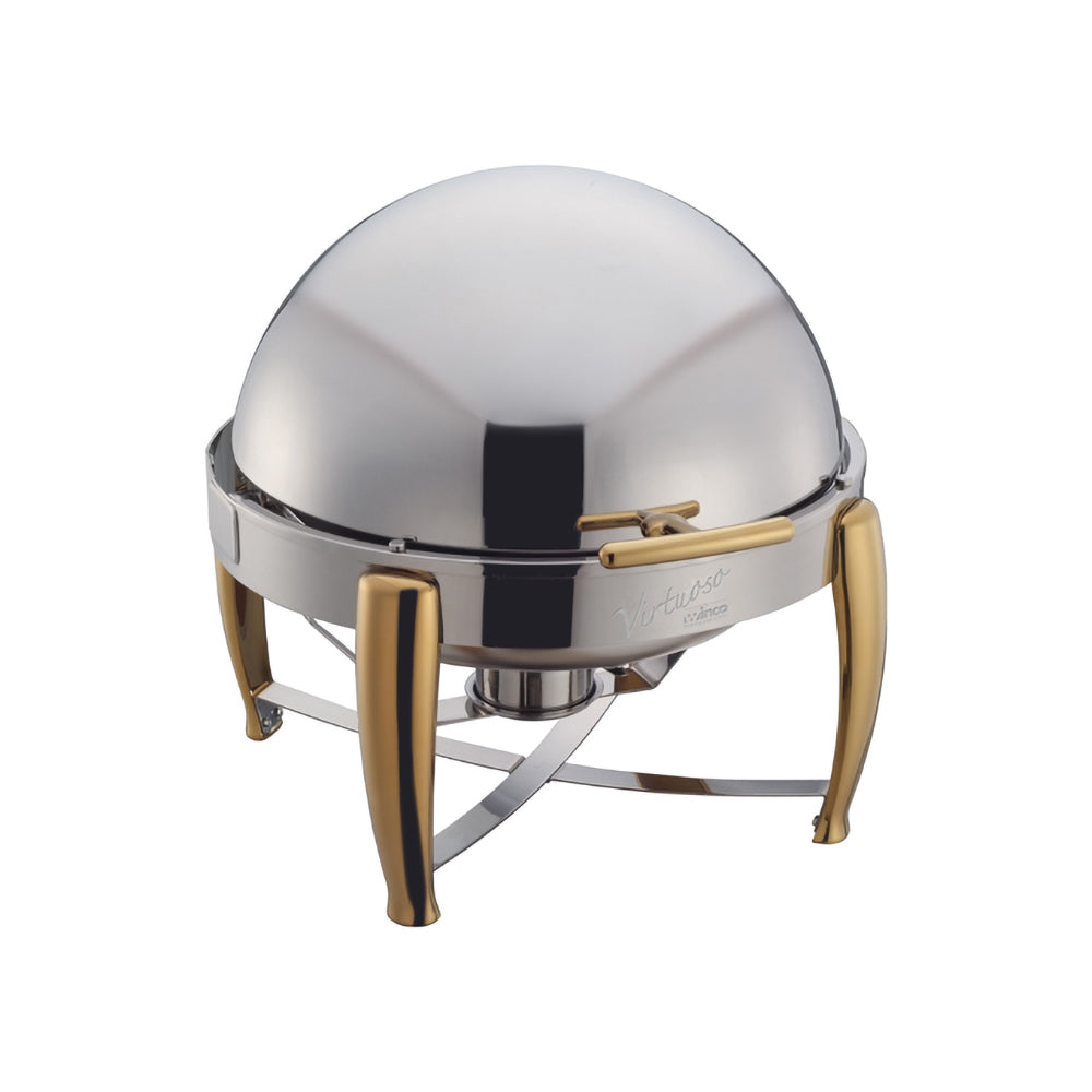 A 6 quart round Virtuoso extra heavyweight chafer consisting of a round polished stainless steel chafer with roll top lid and a sturdy frame. The chafer is set up with a water pan, food pan, and fuel holder for maintaining consistent temperature and keeping food warm. The chafer is ideal for catering or large scale buffet events
