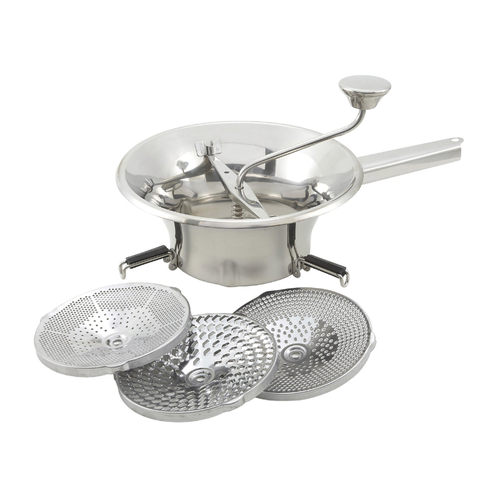 stainless steel 9 inch diameter food mill with interchangeable cutting plates for straining pureeing and mixing cooked foods without skin or seeds easy to use accessible crank a handle and support legs to keep steady change the plates according to your needs