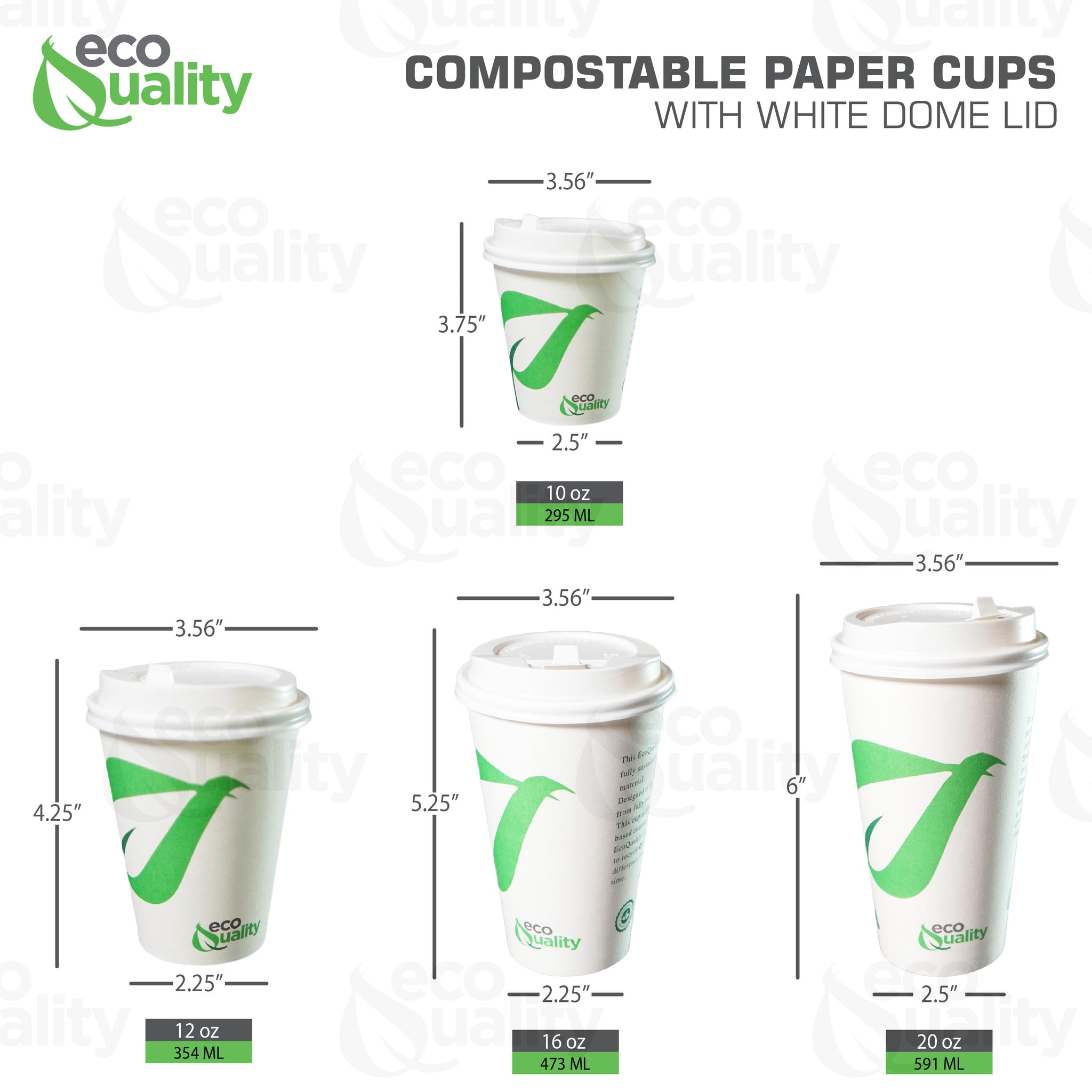 10oz Disposable Compostable Biodegradable White Paper Coffee Cups with White Dome Lids