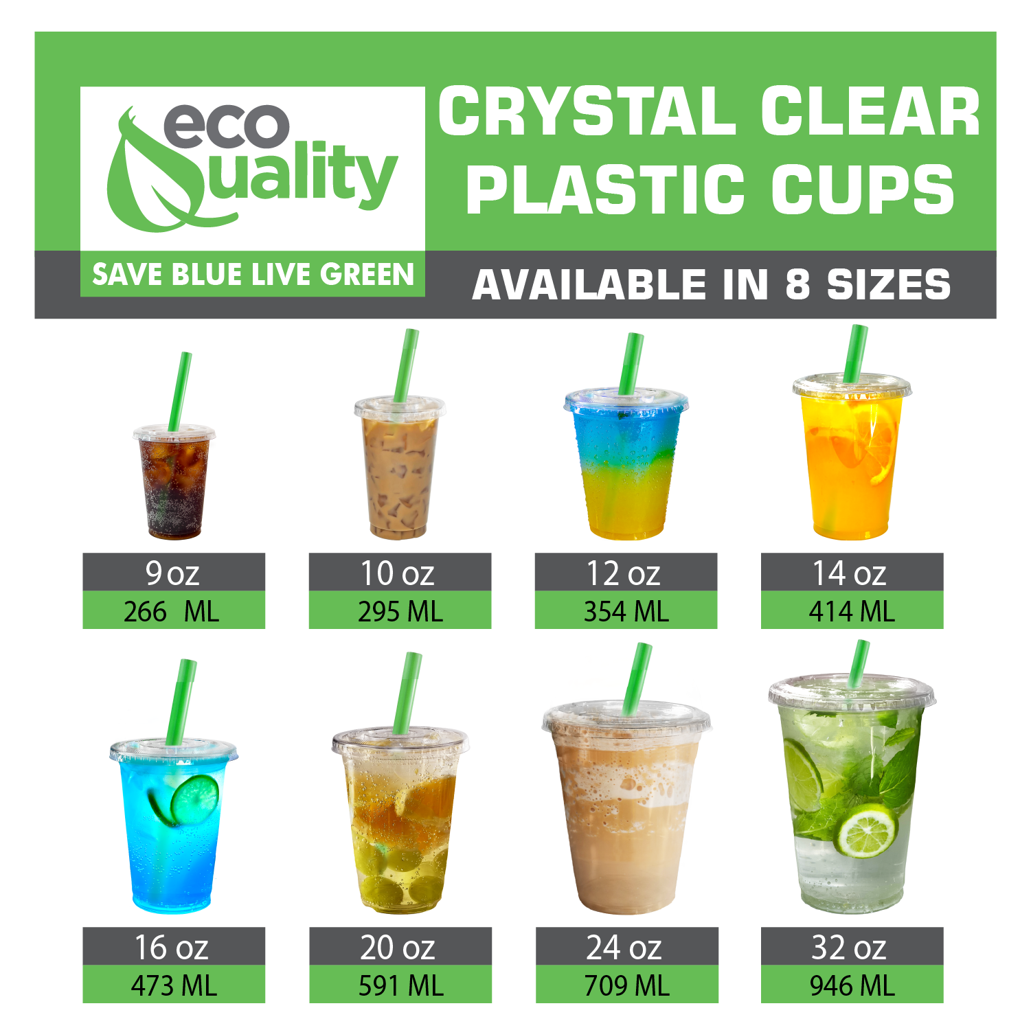 10oz Disposable Pet Clear Plastic Smoothie Cups with Clear Flat Lids and Color Straws