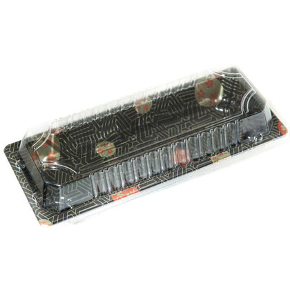 TZ-001 Disposable Black Sakura Design Take Out Sushi Trays with Clear Lids 8 3/4