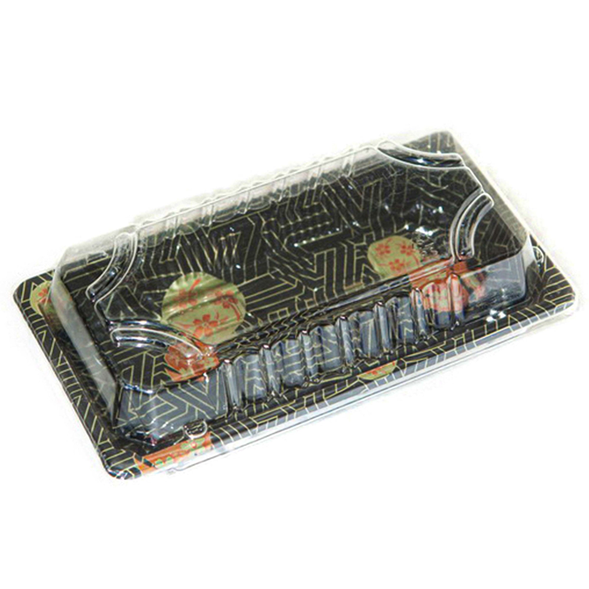 TZ-0.6 Disposable Black Sakura Design Take Out Sushi Trays with Clear Lids  6 3/8