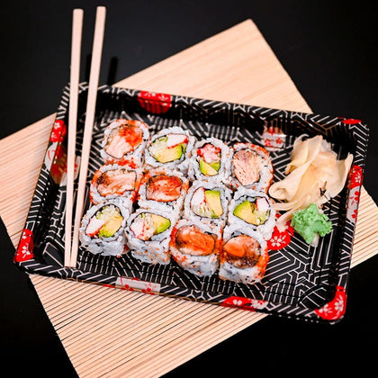 TZ-008 Disposable Black Sakura Design Take Out Sushi Trays 6 1/2