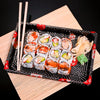 TZ-008 Disposable Black Sakura Design Take Out Sushi Trays with Clear Lids 6 1/2