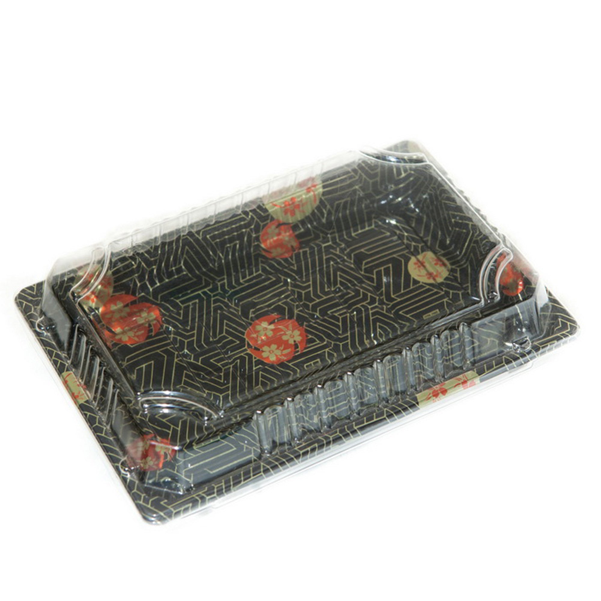 TZ-010 Disposable Black Sakura Design Take Out Sushi Trays with Clear Lids 7 3/8