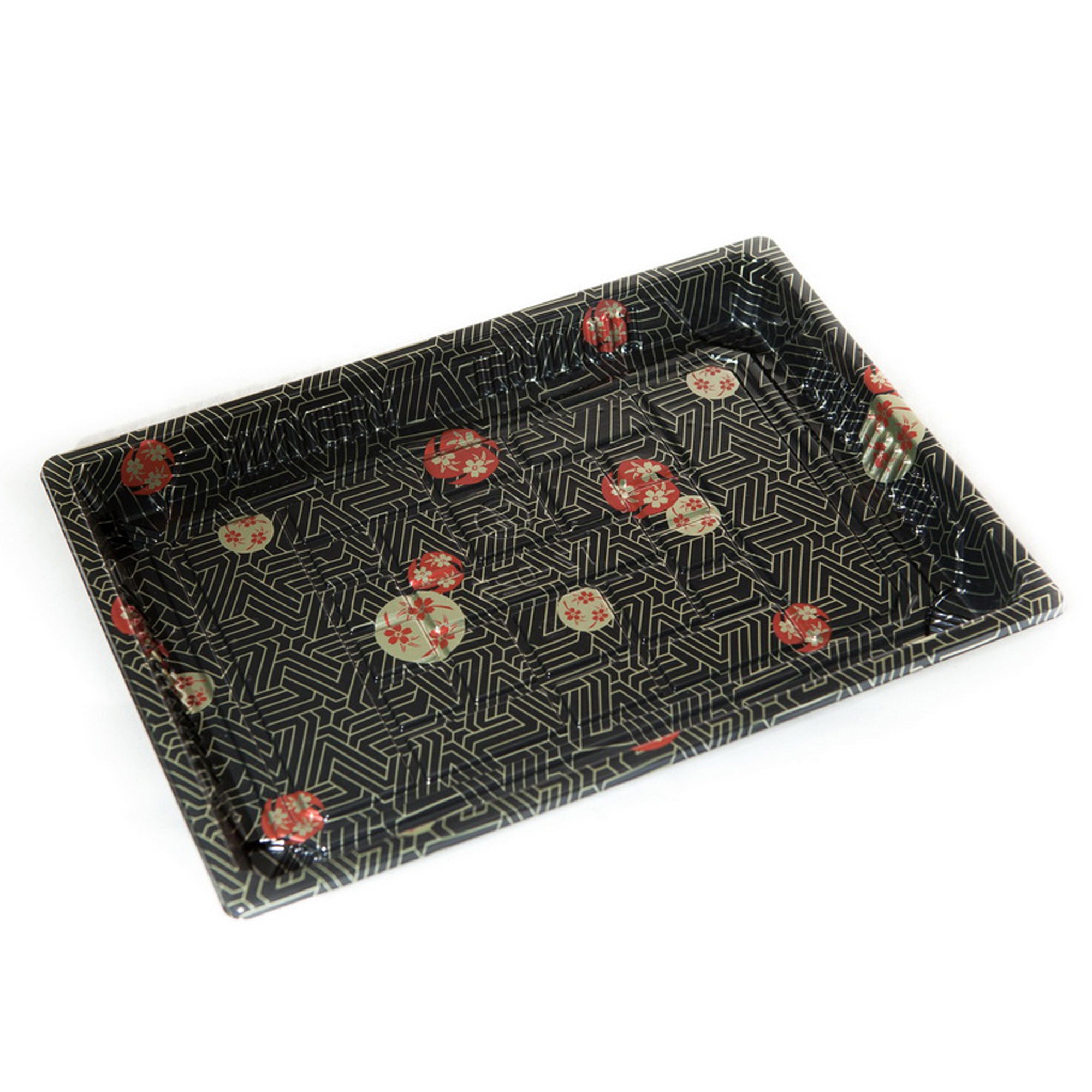TZ-025 Disposable Black Sakura Design Take Out Sushi Trays with Clear Lids 10 1/4