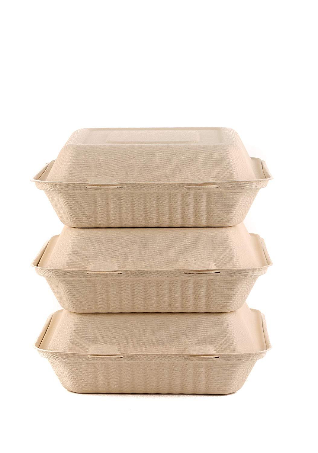 8x8 Eco-Friendly 3 Compartment  Hinged Clamshell Heavy-Duty Disposable Containers