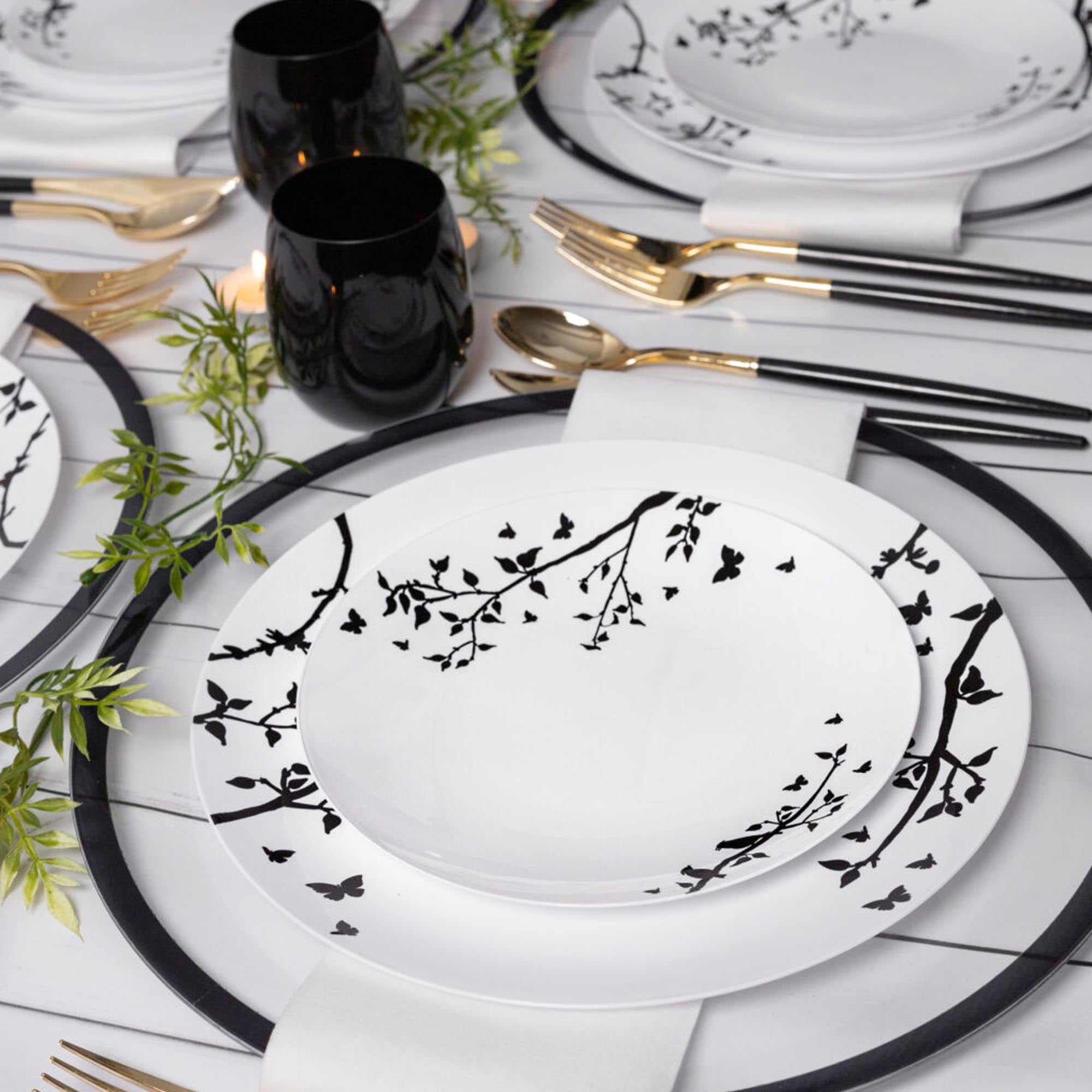 Disposable Fancy Plastic Plates White Black Spring Collection