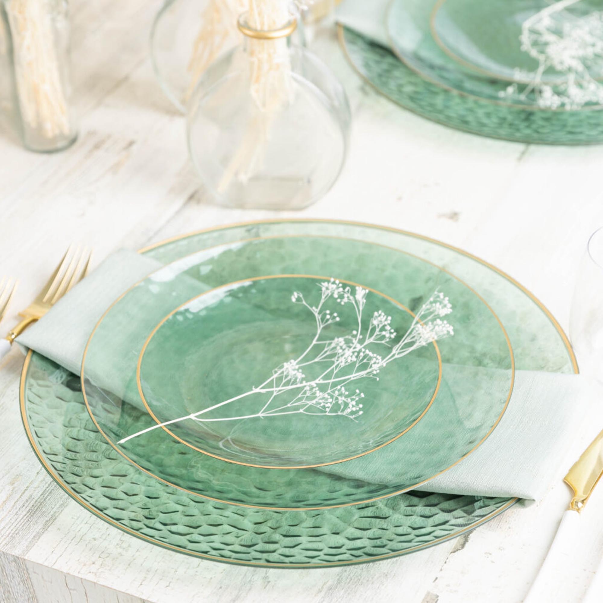 Plastic Hammered Green Lunch Plates Gold Rim Combo Party Set