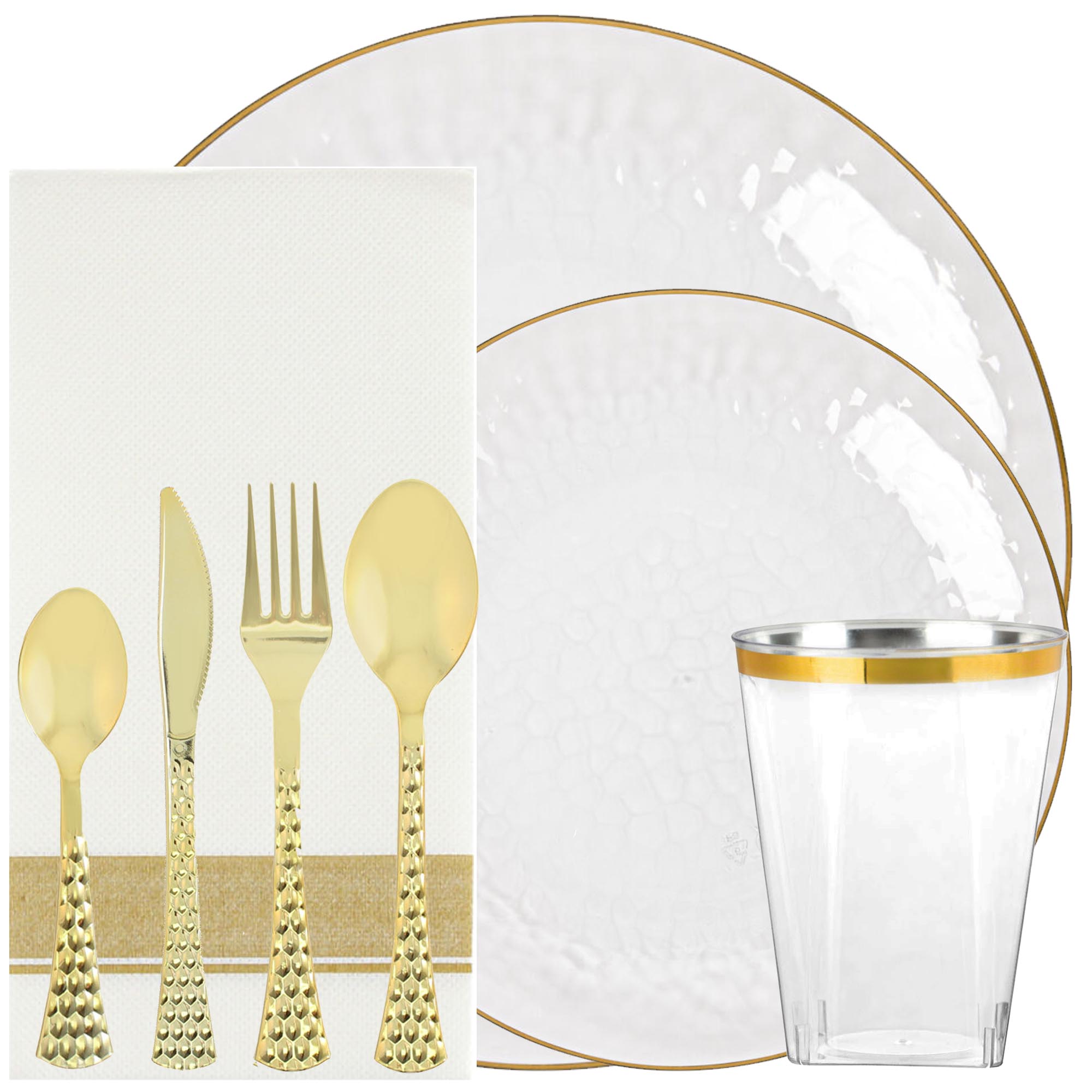 Plastic Tableware Clear Plate Gold Rim Hammered Transparent Organic Collection Dinner Party Set